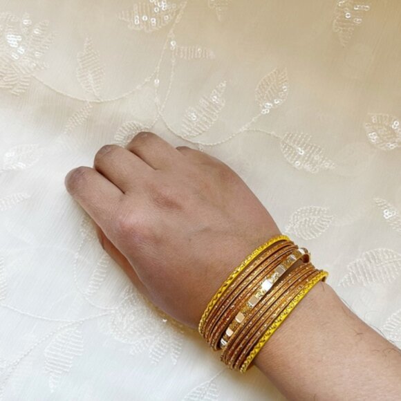 Gold and Yellow glitter Mirror Work Bangles Festive Indian Jewelry haldi - Picture 1 of 16